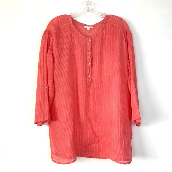 Eileen Fisher Linen 3/4 Sleeve Tunic Henley Shirt Striped Sz L - Picture 3 of 16